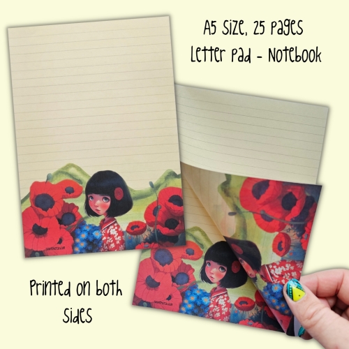 A5 size 25 pages Letter/Writing pad: Girl among the poppies